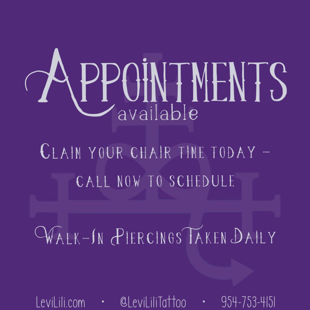 Appointments Available
Claim your chair time today - Call now to schedule. Walk-In Piercings Taken Daily